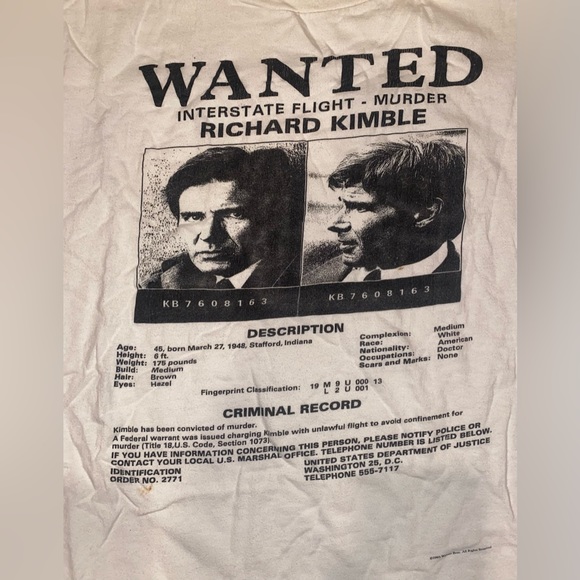 Vintage 1993 “The Fugitive” Richard Kimble Movie Promo White Tee Tshirt XL - Picture 3 of 8